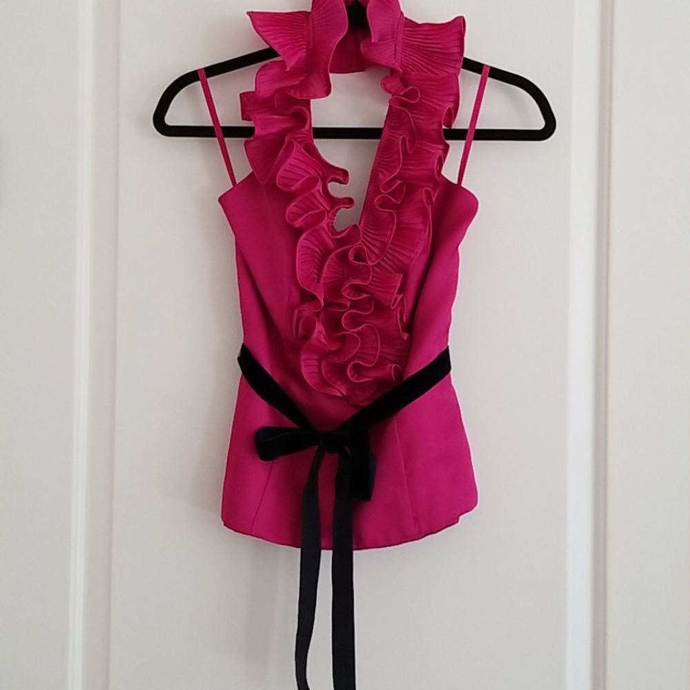 WHBM Ruffled Pink Halter Top V-Neck with Black Velvet Tie Belt HOST PICK